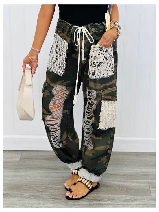 POL Denim - POL Camo Joggers with White Crochet Patches